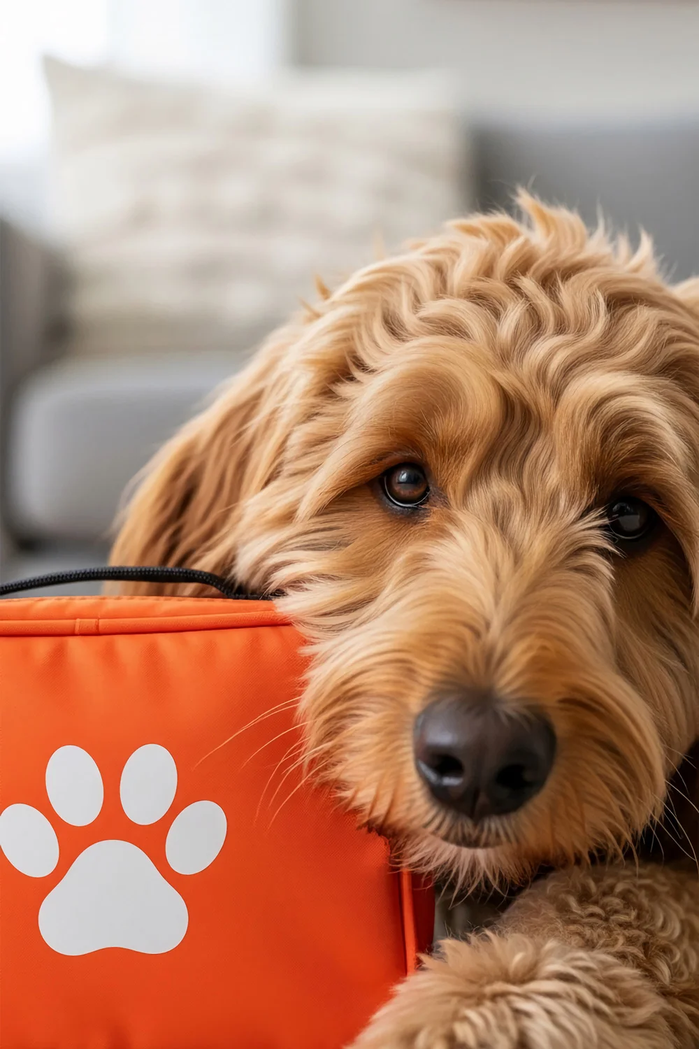 Hund lehnt den Kopf an eine orangefarbene Erste-Hilfe-Tasche für Tiere